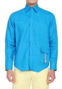 Camisa masculina manga larga de lino Azul intenso